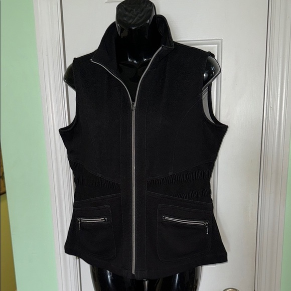 Rafaella Sport Black Mock Neck Zip Up Vest Distressed Faux Denim Look Size 8P - Picture 1 of 12
